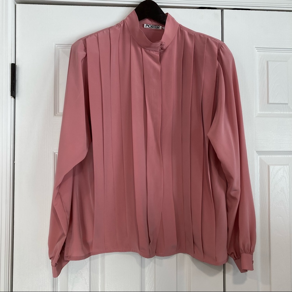 Vintage Regina Porter Blush Salmon Pink Polyester Pleated Button Blouse 14